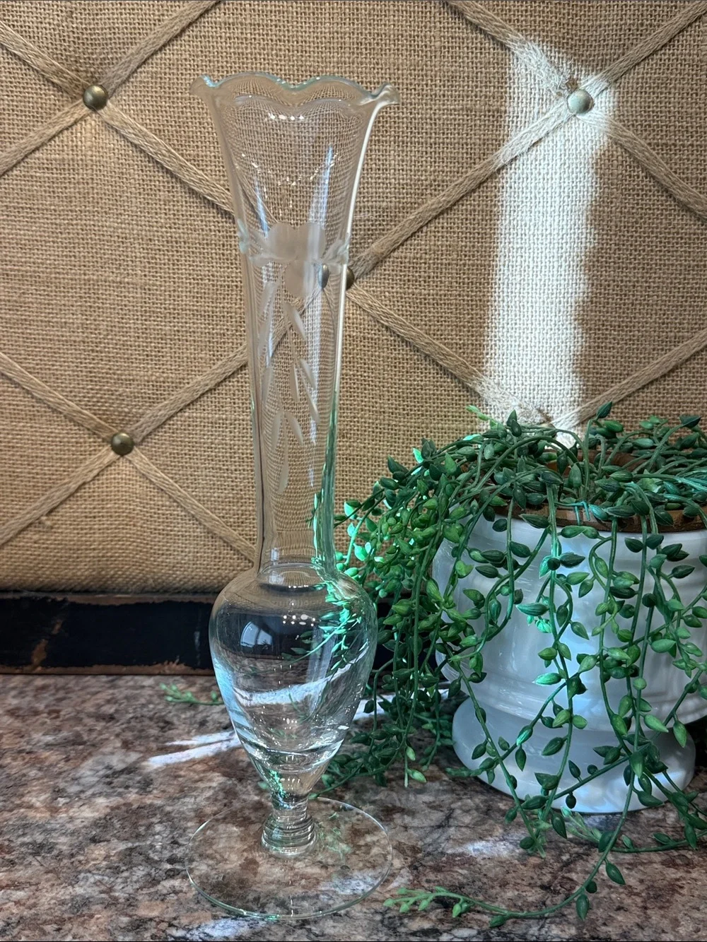 Clear Etched Glass Bud Vase -